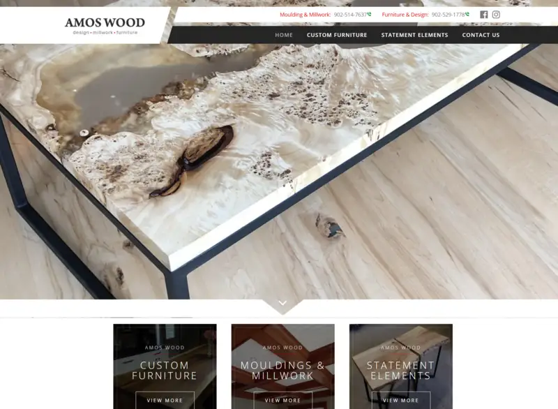 A screenshot of the Amos Wood website