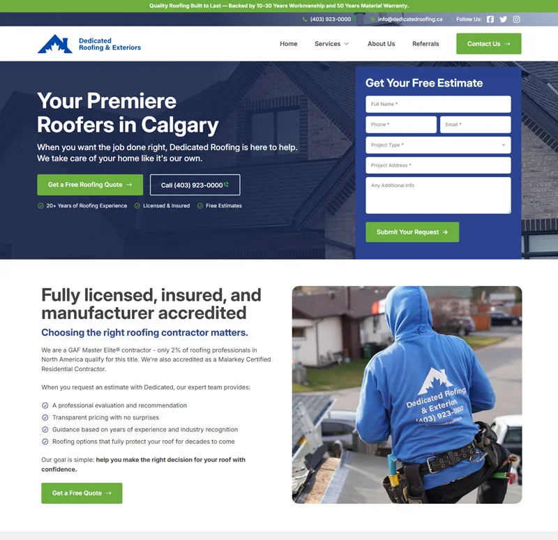 Dedicated Roofing homepage screenshot